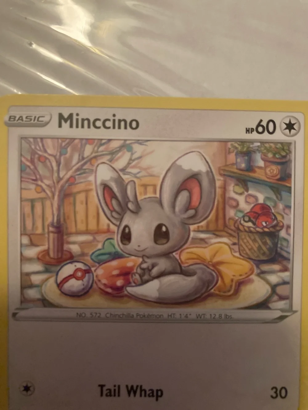 Pokemon Minccino Trading Card - Yellow Border, Gray Character, White Background